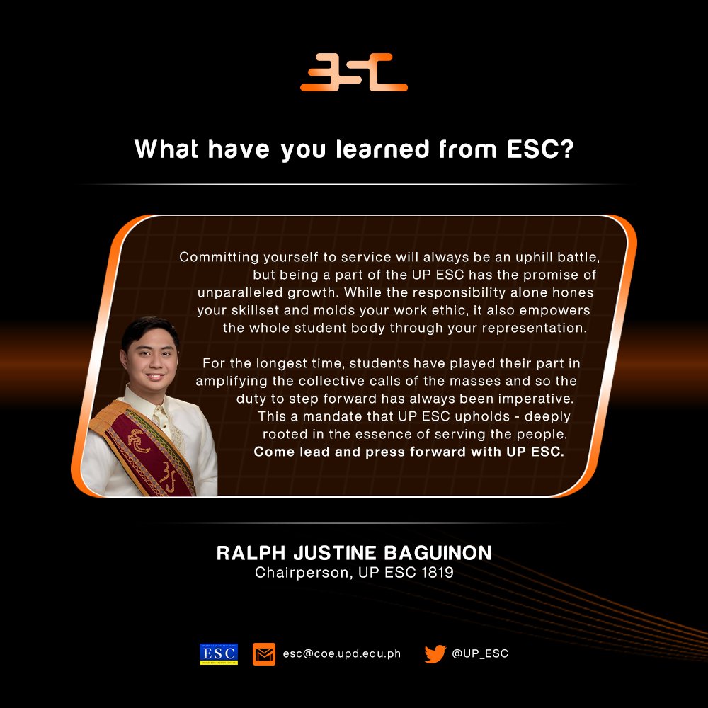 UP_ESC's tweet photo. [ESC Application Testimonial]

Prepare to be inspired by Ralph Justine Baguinon as he shares his experience with UP ESC as 1819's Chairperson.

Submit your application through https://t.co/ZElRsIik0H on or before February 13, 2022 (Monday)

#AdvanceAhead  
#ESC2223 https://t.co/ULBL5HxLYO