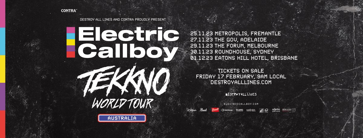 ELECTRIC CALLBOY 😊
Sign up for presale 🎟️➡️ destroyalllines.com

😊 As diverse and as electrifying as their name, @electriccallboy is thrilled to announce they will be returning to Australia for their first headlining tour as part of their 'TEKKNO' world tour this November!