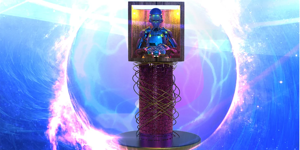Art by Tesfu Assefa. A picture of a robot fortune teller in a futuristic coin-driven machine predicting the future.