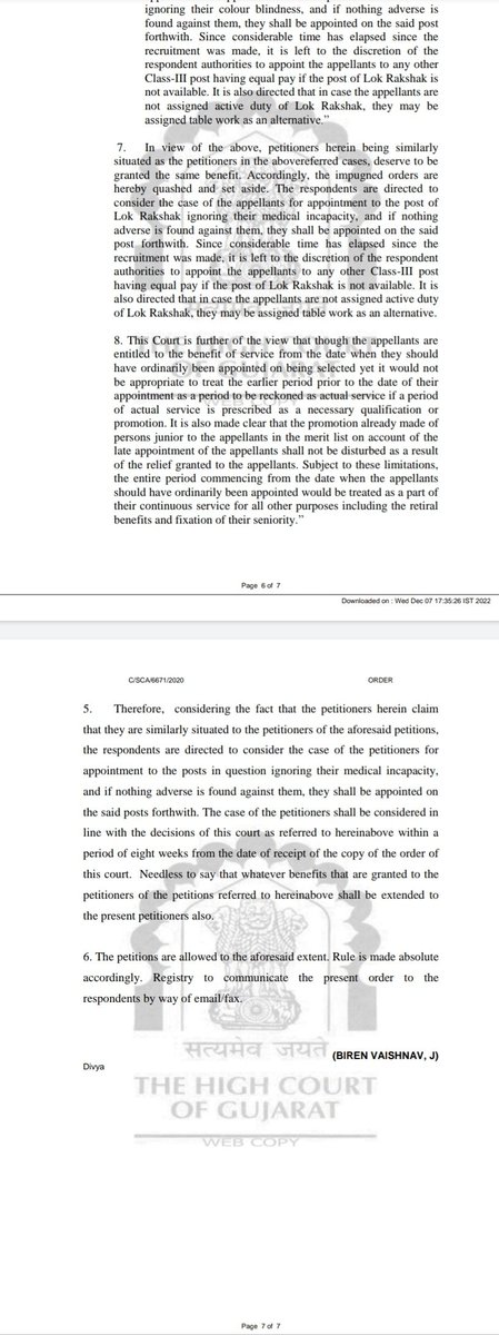 જે કોઈ ભાઈઓ/બહેનો ને કલર વિઝન ની તકલીફ હોય તેવો હાઇ કોર્ટના આ ચુકાદા ને સાથે લઈને મેડિકલ માટે જાય અને આપના સંપર્ક માં રહેલા દરેક ઉમેદવારોને જેમને આ ચુકાદા ખ્યાલ નથી વિશે તેમને માહિતગાર કરે.
<a href="/YAJadeja/">Yuvrajsinh Jadeja</a> <a href="/NiravJoshi0/">Nirav Joshi</a> @__NiRaLi_ <a href="/MansiJoshi_17/">Mansi Joshi 🇮🇳</a> @DaveraGopal_18 <a href="/Ravalkalpesh_s/">RAVAL KALPESH S</a>