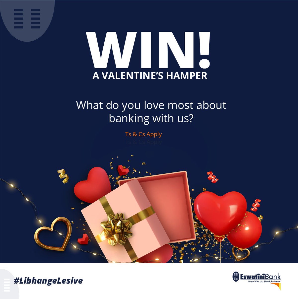 EswatiniB's tweet image. Stand a chance to Win a Valentine’s Hamper by simply answering the below

What do you love most about banking with us? Let us know.

NB: Entries are only valid to Eswatini Bank Account Holders. 

Ts &amp;amp; Cs Apply.