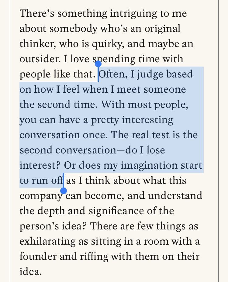Interesting perspective! <a href="/roelofbotha/">Roelof Botha</a> at <a href="/sequoia/">Sequoia Capital</a> talking about judging people based on 2nd convo not 1st convo