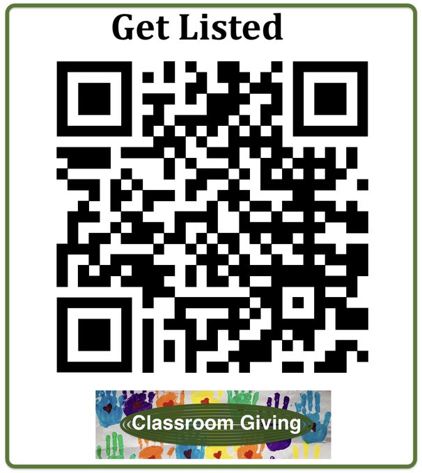 Please print this QR code and hang it on the bulletin board at the teachers lounge to allow more classrooms to be listed on ClassroomGiving.org and receive school-supplies.