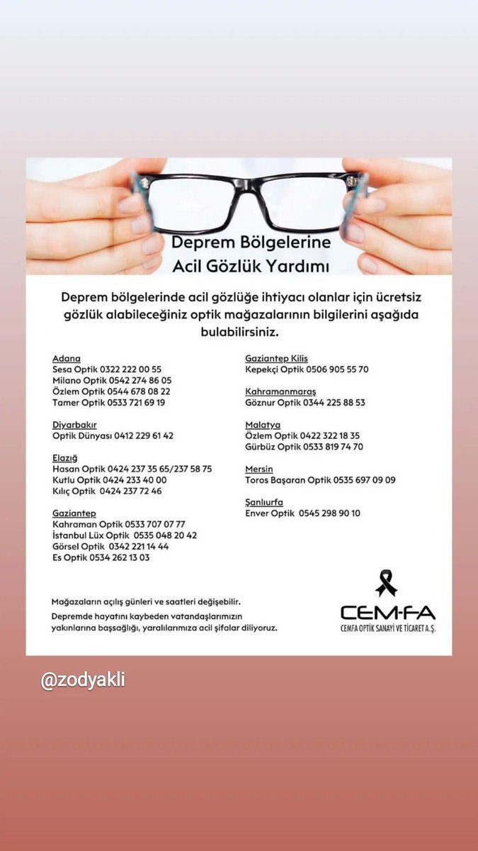 Deprem bölgesinde gözlüğünü kaybedenlerin ücretsiz gözlük temin edebileceği optik kuruluşları