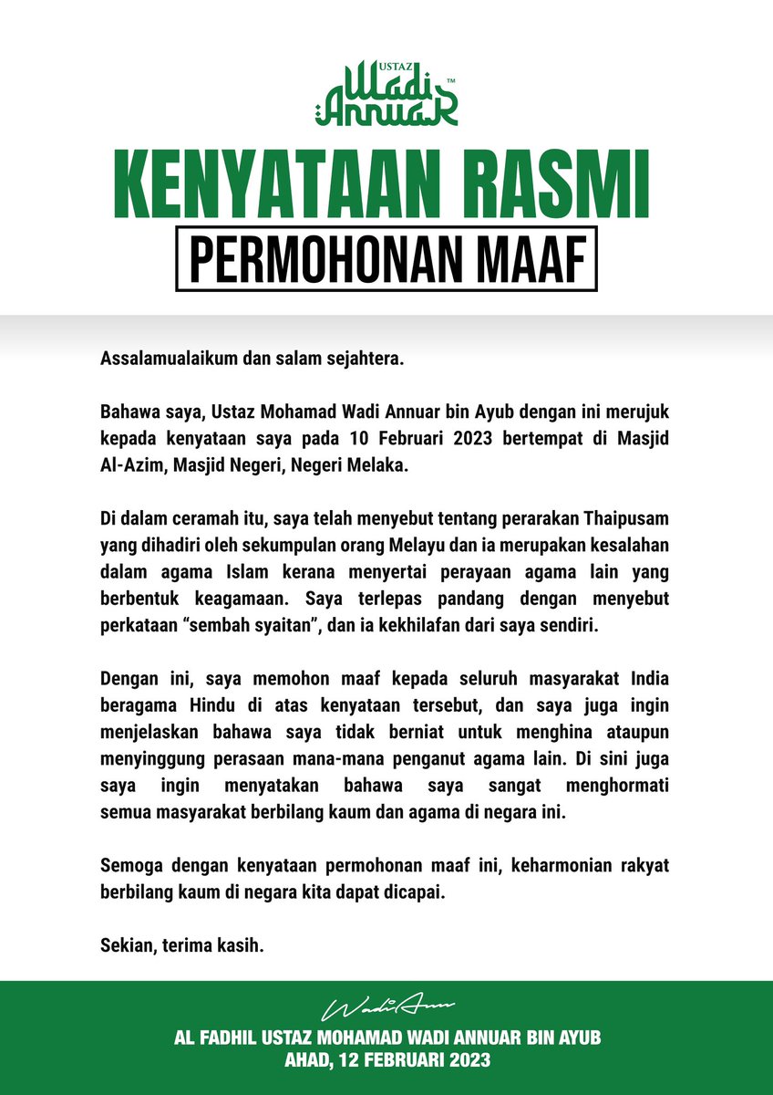 ustazwadiannuar's tweet photo. KENYATAAN RASMI PERMOHONAN MAAF

AHAD, 12 FEB 2023
MOHAMAD WADI ANNUAR BIN AYUB https://t.co/RAATAsJtwK