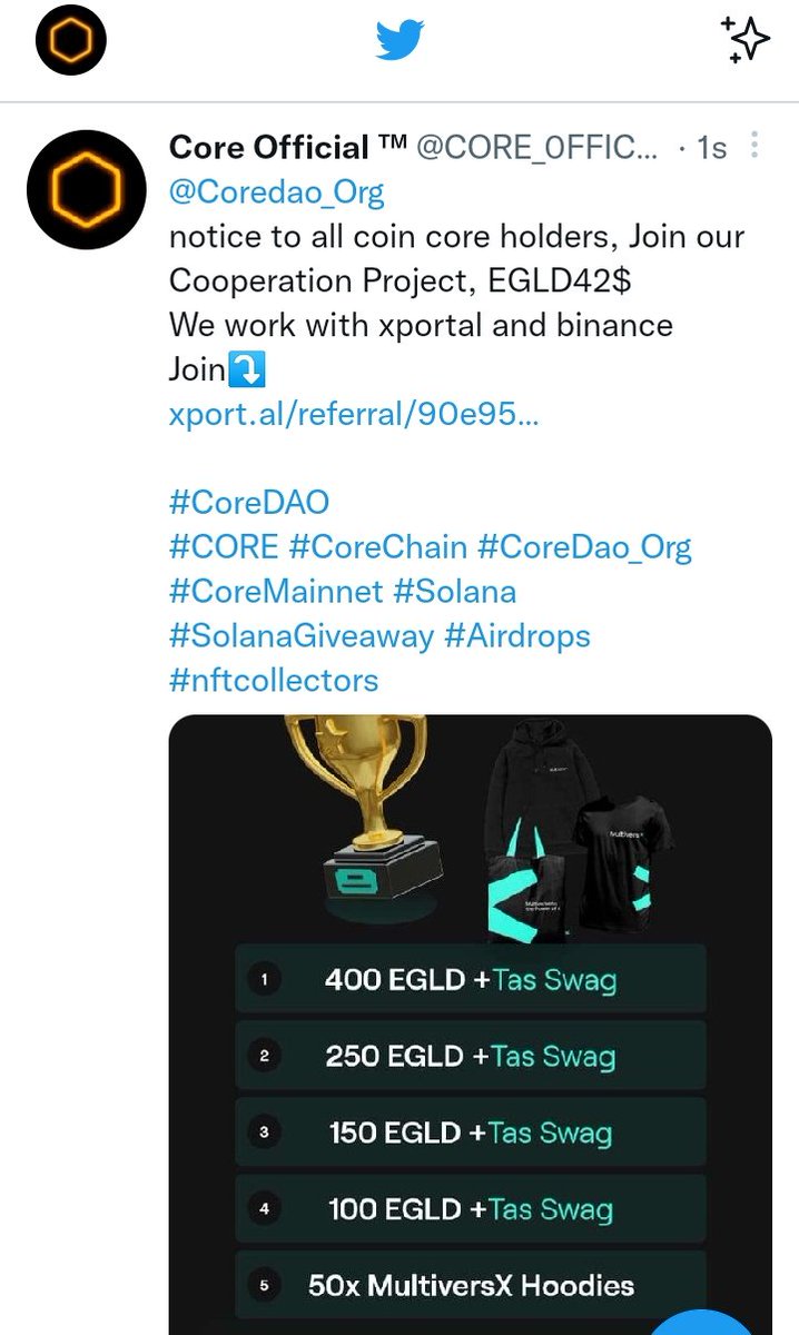 CORE_0FFICIAL's tweet photo. @binance @Coredao_Org 
$CORE
we are working together 
on a new project EGLD 42$ prizE
https://t.co/0YLwdOVehu

#CoreDAO #CORE #CoreChain #Coreum #CoreDao_Org #Solana #NFTCommunity #Airdrops #Giveaway #CryptoNews #Crypto https://t.co/X8TX81RRNC