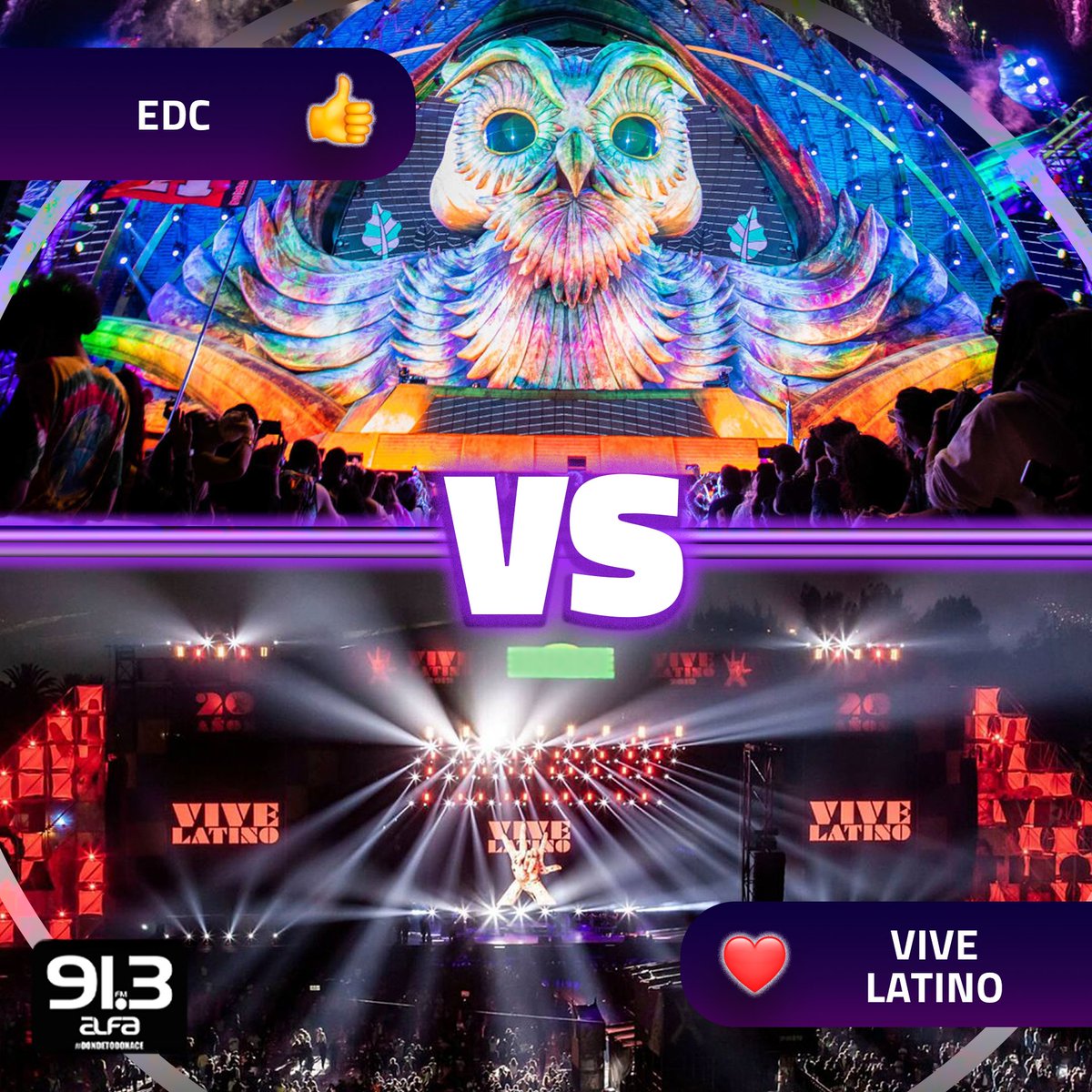 alfa913fm's tweet photo. Duelo de Festivales 🌟 #EDC vs #ViveLatino
#TeamEDC #TeamVVL #EDCMexico https://t.co/xnSRZvNXPr