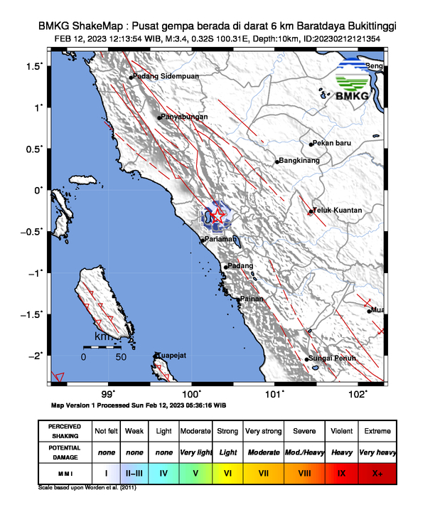 #Gempa (UPDATE) Mag:3.4, 12-Feb-23 12:13:54 WIB, Lok:0.32 LS, 100.31 BT (Pusat gempa berada di darat 6 km Baratdaya Bukittinggi), Kedlmn:10 Km Dirasakan (MMI) II Bukittinggi, II Padang Panjang, II Padang Pariaman #BMKG
