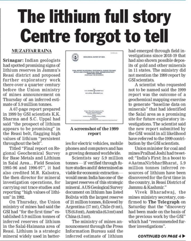 1999, traces of Lithium were discovered, for the second time.
The first time being in 2023.

PS : Can't confirm the veracity, but someone told me, Govt of the day in 1999, decided against mining of Lithium in Kashmir, due to the eco fragility of the area.