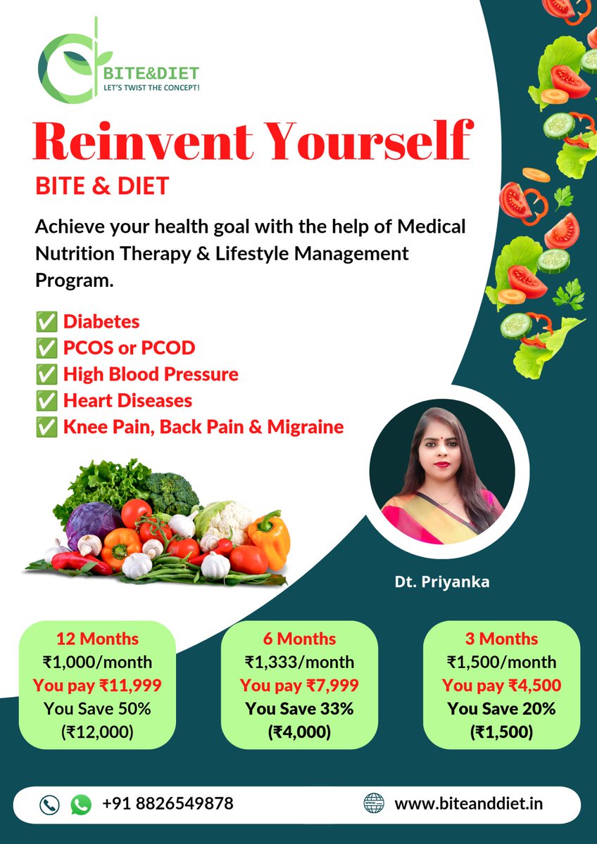 Biteandiet's tweet photo. Reinvent Yourself
Achieve your health goal with the help of Medical Nutrition Therapy & Lifestyle Management Program.
β
Diabetes
β
PCOS or PCOD
β
High Blood Pressure
β
Heart Diseases
β
Knee, Back Pain & Migraine
visit https://t.co/wfyV6ztRJg or contact 8826549878
#biteanddiet https://t.co/VtEFLtL9Wi