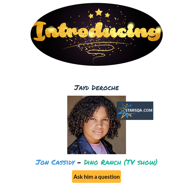 StarsQA's tweet photo. #starsQA
Welcoming our newest star... Jayd Deroche
Ask him a question here: https://t.co/UTYlhCcQul
#jaydderoche #dinoranch #youngactor #childactor #younghollywood #actor #industrykids #actorslife #tvshow #movie #voiceover https://t.co/fegAA9FsyN