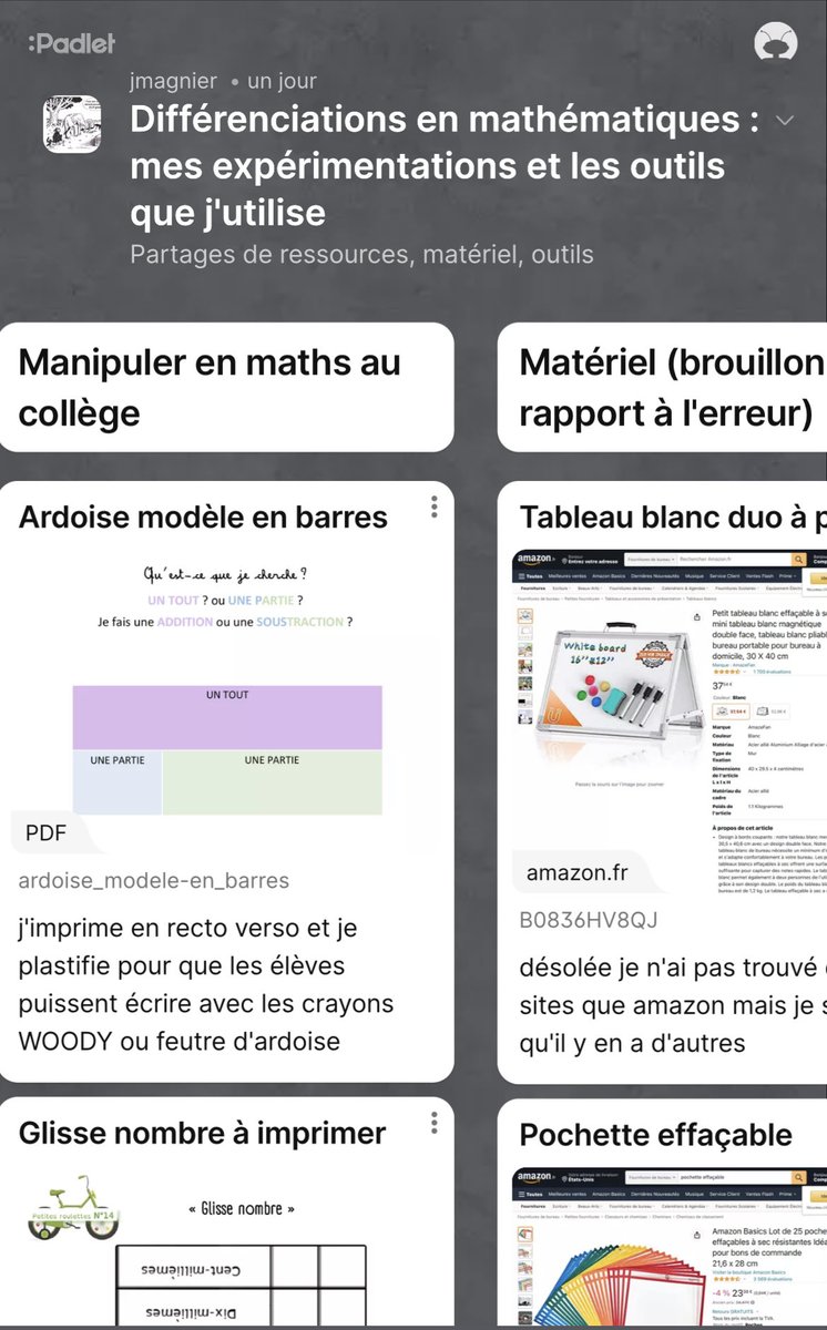 Coup de ❤️ 

Dans ce #padlet consacré à la #differenciation en #maths, ⁦<a href="/joanriguet/">Joan Riguet</a>⁩ partage ressources et pratiques de classe pour favoriser les apprentissages de tous les élèves 👍

Une mine d’or transférable à d’autres disciplines  ⭐️⭐️

padlet.com/mmeriguet/diff…