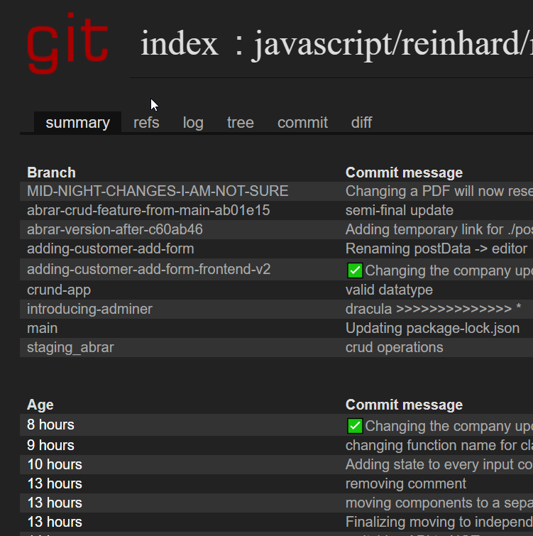 shayanakbarkhan's tweet image. Ah, yes, dark theme on my #cgit. For some reason though, I had to replace the &quot;cgit.css&quot; file under /usr/share/cgit/ (docker&amp;gt; clearlinux/cgit)

The configuration entry didn&apos;t work🤷‍♂️

Got it from: jeremias.stotter.eu/cgi-bin/cgit.c… (thank you!)

#reactjs #nextjs #git #weekend #darktheme