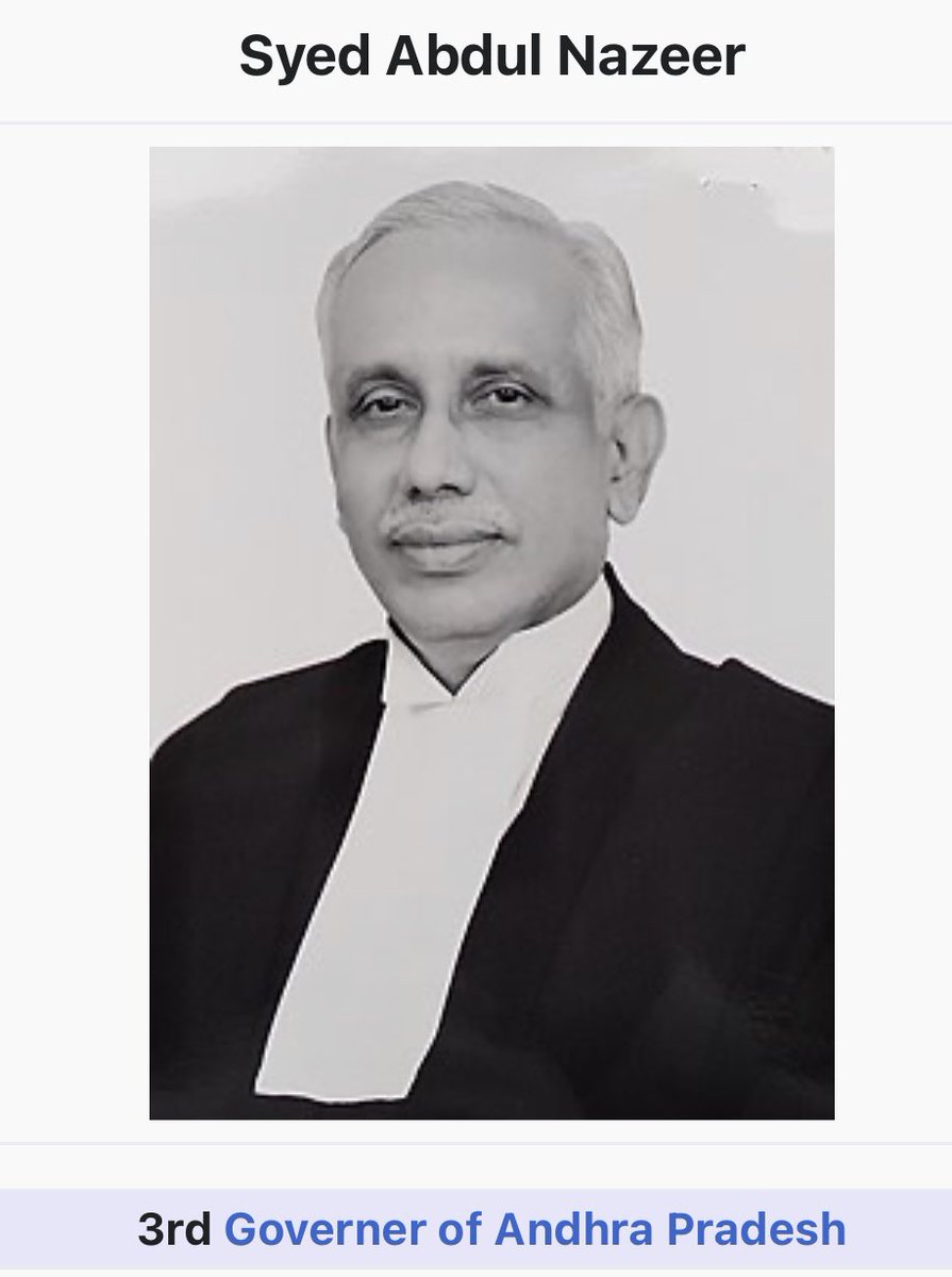 Justice Abdul Nazeer has been rewarded with GOVERNORSHIP of Andhra Pradesh.

* He was in SC bench which agreed that #BabriMasjid should be given to hindus.

*He took part in RSS event and  recommended implementing Manusmriti.

*He recites hindu religious shlokas before judgement
