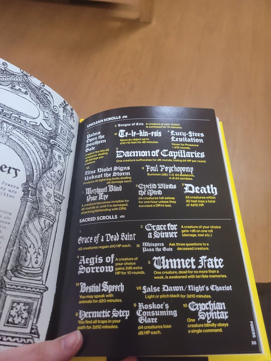 CampaignComp's tweet image. Powers are the magic of Mork Borg which can only be found in scrolls; some characters come with them but most of the time they must be found. Every in game morning roll a d4 and add the result to your presence score; this determines how many times you can use a scroll that day.