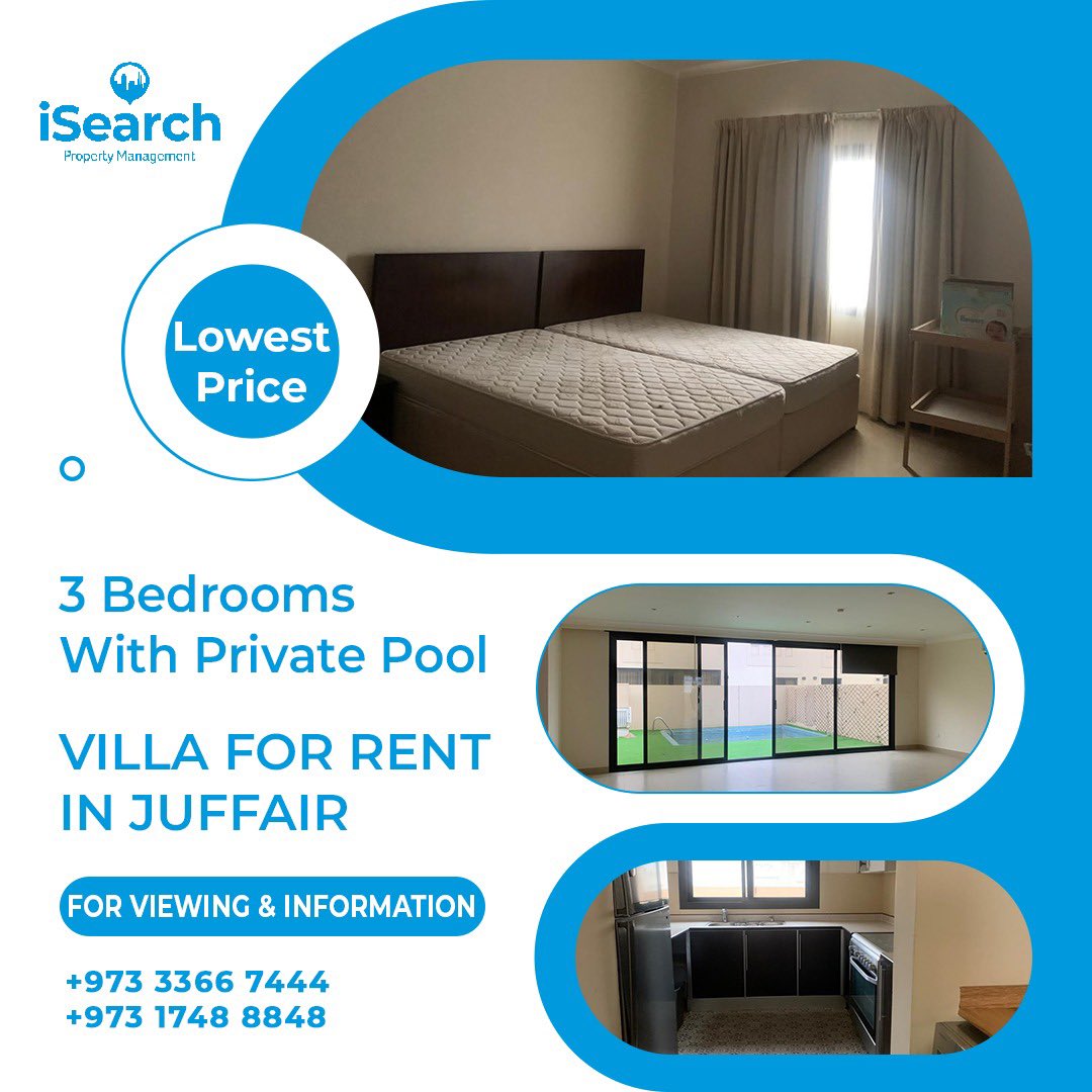 isearch_bh's tweet photo. 💥Lowest Rent💥JUFFAIR
🛌🛌 3 Bhk with private pool
3 bedrooms with private pool spacious Villa for Rent in Juffair.
For Viewing &amp; Inquiry, Contact
☎️33667444
☎️17488848

#follow4follow #likeforlike #isearch #casaarabia #villaforrent #realestate #bahrain #bh #juffair #luxury #ksa https://t.co/j8wOpEZy4X