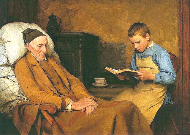#JulienGreen 
« La #lecture impose le silence dans un monde qui ne sait plus désormais lui faire de place. »
La lecture au grand-père par son petit fils  
#AlbertAnker