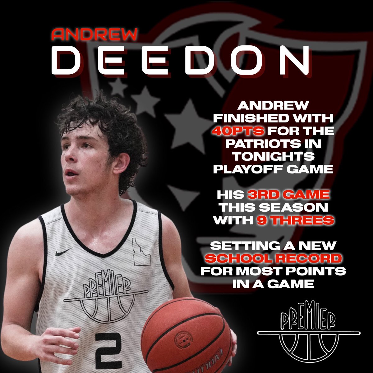 IdahoPremier's tweet photo. @AndrewDeedon is at it again. 40PTS in tonight’s playoff game. 3rd game this season with 9 threes. Breaking school records. https://t.co/5pXtqsCTx0