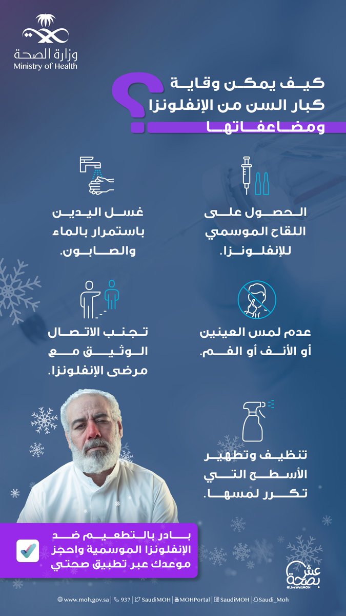 SaudiMOH's tweet photo. يمكن للعادات اليومية البسيطة أن تحفظ كبير السن -بإذن الله- من خطر الإصابة بالإنفلونزا. https://t.co/BYA64zM5M1