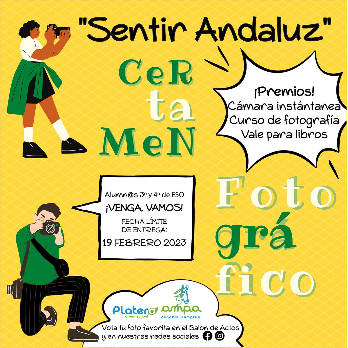 💚Con motivo de la celebración del #DíadeAndalucía , el #AMPA Zenobia Camprubí, lanza el #certamendefotografía “Sentir Andaluz” 📸 dirigido al alumnado de 3° y 4° de la ESO, de forma individual 🤳

➡️Para más información:

↪️platerogreenschool.es//portal/notici…

💚