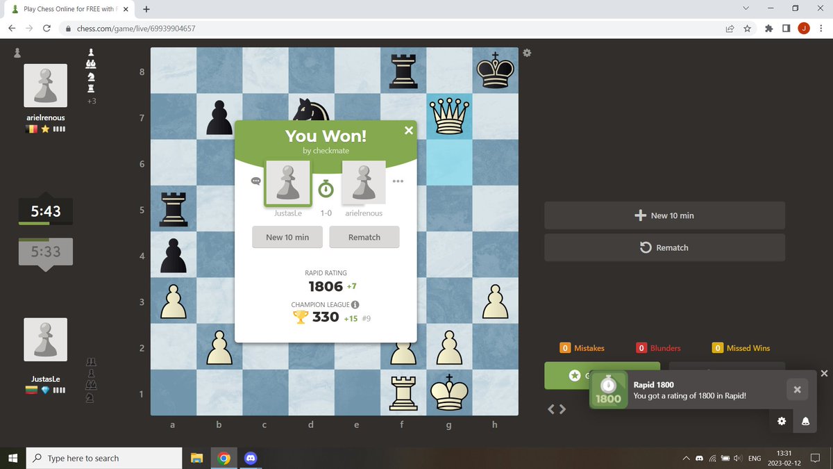 JustasChess's tweet photo. Long time no see, Twitter! Managed to cross 1800 on https://t.co/Ofn9yhAil6 Rapid after coming back to playing on December 31st after being inspired by the World Rapid and Blitz tournaments and a friend. All the hard work in games and puzzles paying off! 🥳🥳 https://t.co/VskO23cgmY