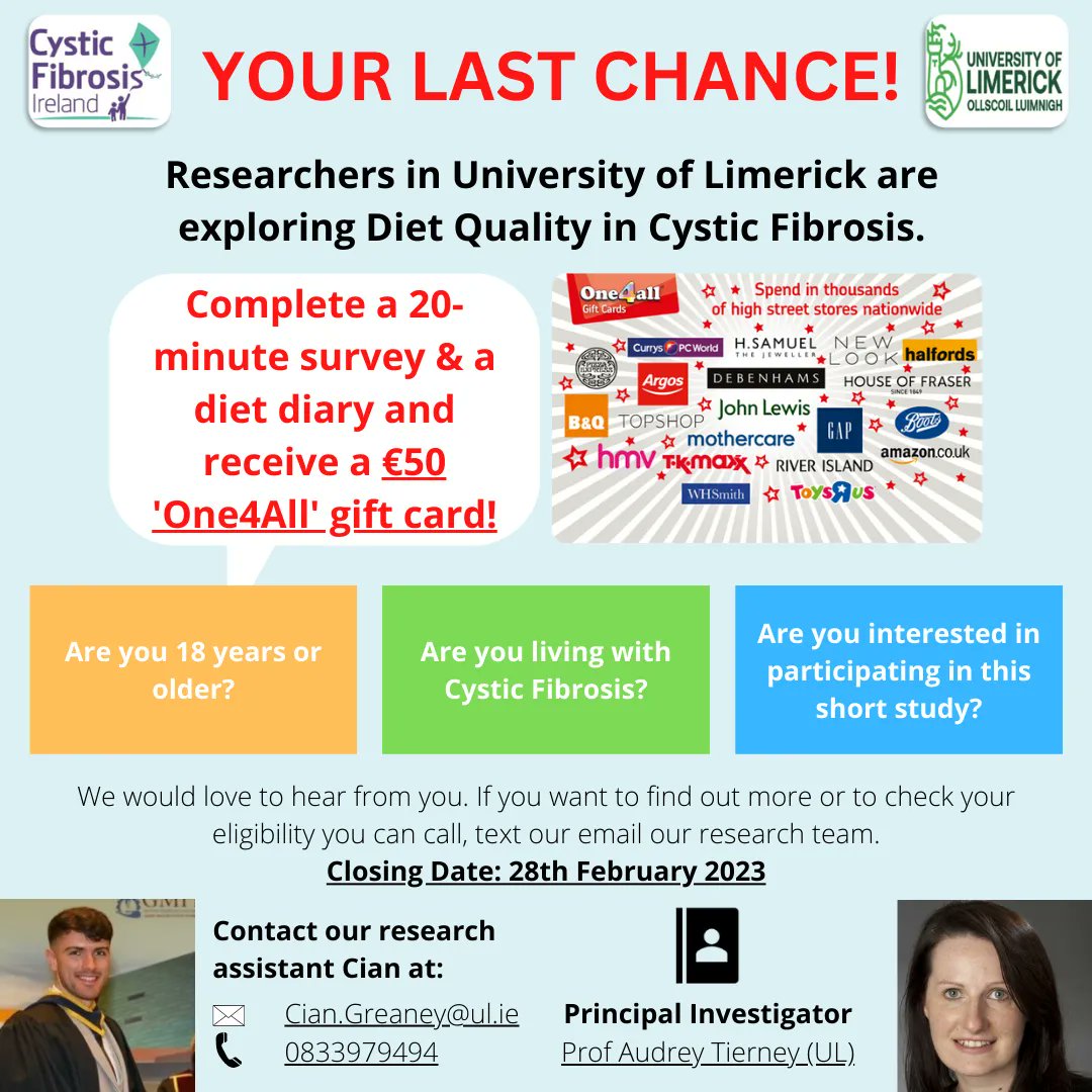 CF Ireland (@cf_ireland) on Twitter photo SURVEY CLOSING!
Last chance to receive a €50 'One4All' voucher!
Prof <a href="/AudreyTierney/">Audrey Tierney</a> (Discipline Lead in Human Nutrition & Dietetics) & @ciansgreaney (PhD Student) of <a href="/UL/">University Of Limerick</a> are seeking people with CF to inform current & future dietary practices in CF.
Closing date : 28th February SURVEY CLOSING!
Last chance to receive a €50 'One4All' voucher!
Prof <a href="/AudreyTierney/">Audrey Tierney</a> (Discipline Lead in Human Nutrition & Dietetics) & @ciansgreaney (PhD Student) of <a href="/UL/">University Of Limerick</a> are seeking people with CF to inform current & future dietary practices in CF.
Closing date : 28th February