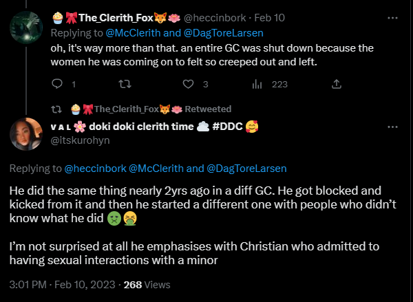 x.com/itskurohyn/sta… 
This is a seriouse accusation, and if you dont have proof that it is so, then you should not tell it. I know this is not true.  I left my last GC in march 2021 and have not been in other GC since. Nor did I create new ones. I left my GC for other reason.