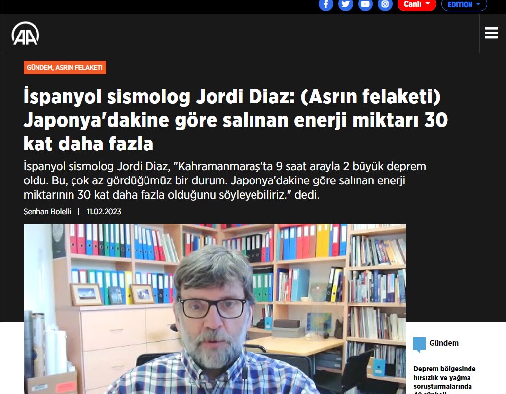 📌İspanyol sismolog Jordi Diaz, Anadolu Ajansı'nın "Türkiye'deki depremlerde Japonya'daki 9.1'lik depremden 30 kat daha fazla enerji çıktığını söylediği" iddialarını yalanladı:

📌"Türkiye'de 8 büyüklüğünde 30 deprem olursa Japonya'daki depremle aynı oranda enerji çıkar."