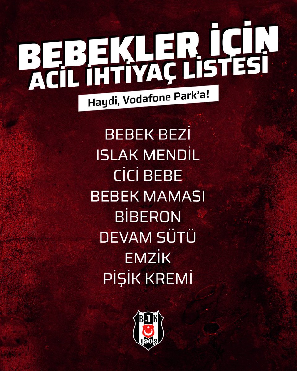 Afet bölgelerine bebekler için acil bebek bezi, ıslak mendil, cici bebe, bebek maması, biberon, devam sütü, emzik ve pişik kremi gerekmektedir.

Bu malzemeleri ihtiyaç sahiplerine göndermemiz için Vodafone Park yardım merkezimize ulaştırabilirsiniz.