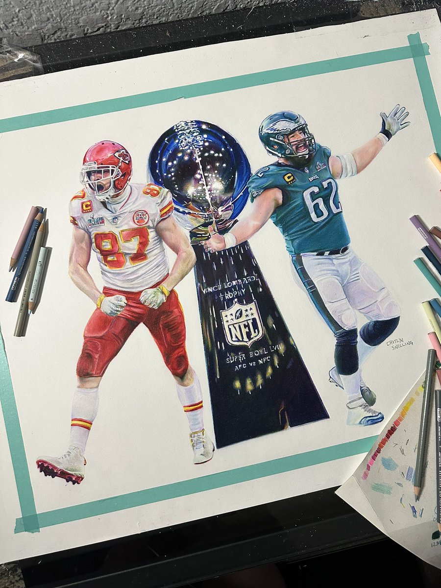 I had to stay up all night to finish it… but I did it! My colored pencil drawing “Kelce Bowl” is done! <a href="/tkelce/">Travis Kelce</a> <a href="/JasonKelce/">Jason Kelce</a> <a href="/newheightshow/">New Heights</a> <a href="/CoachTKelce/">Tom Kelce</a> #KelceBowl #ChiefsKingdom #FlyEaglesFly #SuperBowl