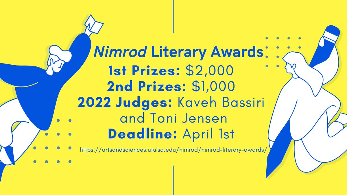 DL 4/1: The Katherine Anne Porter Prize for Fiction & The Pablo Neruda Prize for Poetry; submit unpublished work to win $2,000, publication, and trip to Tulsa for event; fee: $20 ($23 for online submission) artsandsciences.utulsa.edu/nimrod/nimrod-… @NimrodJournal with @submittable HT @AlmondPress