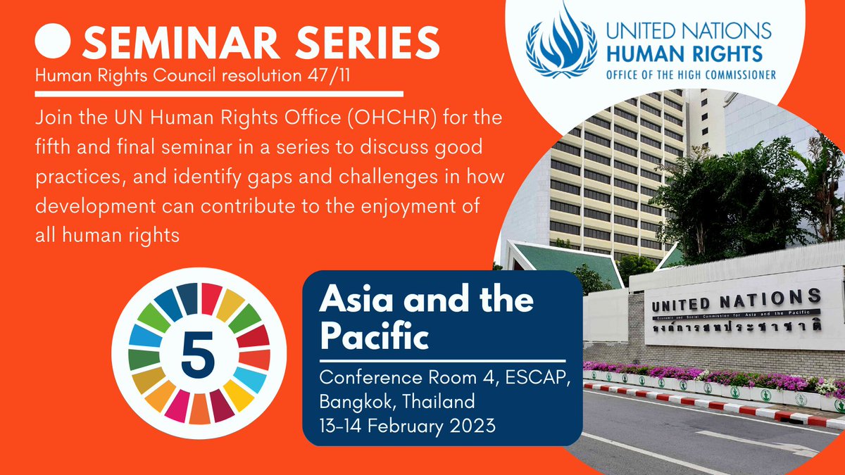 UN_HRC's tweet photo. 🟠 TOMORROW
The 5th in a @UNHumanRights seminar series to discuss good practices, and identify gaps + challenges in how #development contributes to #HumanRights.
5️⃣Asia & the Pacific (@UNESCAP)
🗓️ 13-14 February 2023
REGISTER ▶ https://t.co/Sw3ZFlCc1g
#CD2HR https://t.co/lAbmrJxNTJ