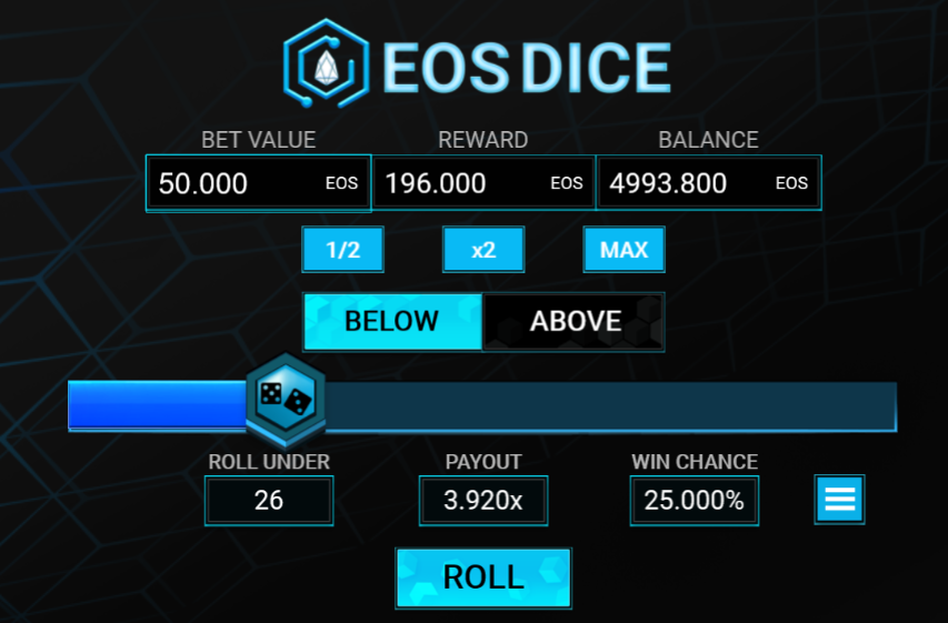 eosgames_io's tweet photo. 🎲 Place your bet, roll the dice and smash the bank!💰
Discover one of the most popular crypto games in a brand new version!

🎲 In EOS Dice you can win up to 980.00 #EOS in a single roll!💸

Join the winners!🏆
➡https://t.co/c8mN54q3aX

#EOSIO #EdenOS #BullishonEOS #dapps https://t.co/hobiliV1bV