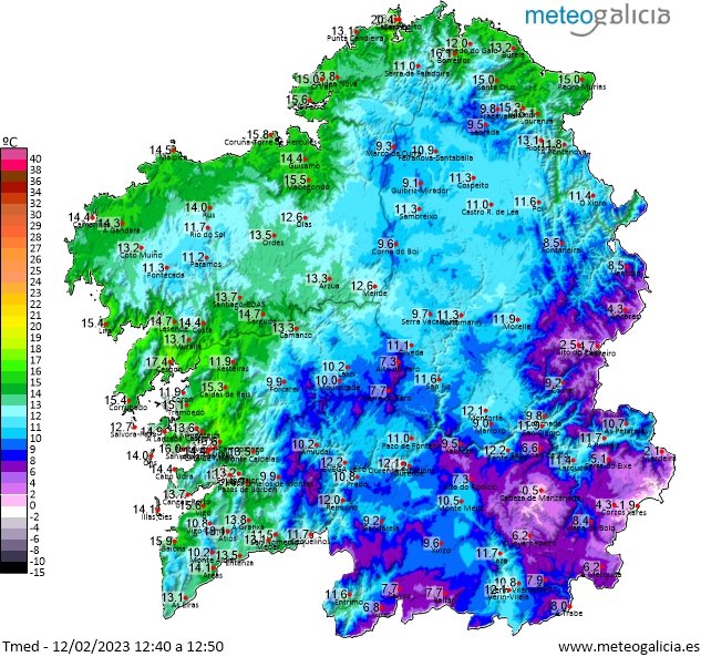 El mapa de temperaturas de las 12:50, muestra ya valores alrededor de los 15⁰ en #ACoruña, #Ferrol, #Naron, #Ribadeo, #Abegondo, #Carnota, #Pontevedra, #Vigo, #CaldasDeReis, #Ribeira

Tarde con nubes altas y algún chubasco por la noche en las comarcas #atlánticas 🌦️

#FelizTarde