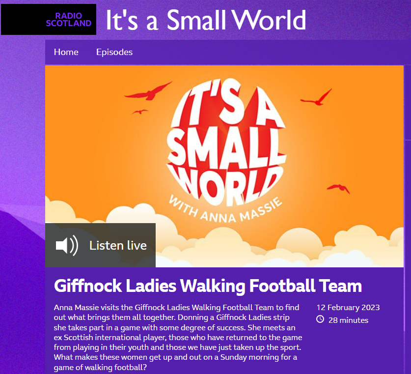 Delighted to hear so many great stories from our Ladies about the benefits of Walking Football

Come and join us every Sunday 1030-1230
Eastwood Park
Contact Jacky for details
0785 234 9643

@abmassie 
<a href="/BBCRadioScot/">BBC Radio Scotland</a> 
<a href="/WalkingFootScot/">Walking Football Scotland 👣⚽️</a> 
<a href="/ScotWFootball/">Scottish Women’s Football</a> 
<a href="/Giffnock_SC/">Giffnock SC</a>