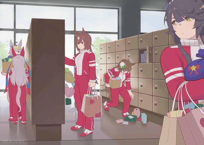 【ウマ娘】バレンタインの風物詩下駄箱があったらこんな感じかなとシリウスもCBもブライアンもオグタマも、チョコ沢山もらってそう。高等部は大変だ#ウマ娘 #バレンタインデー 