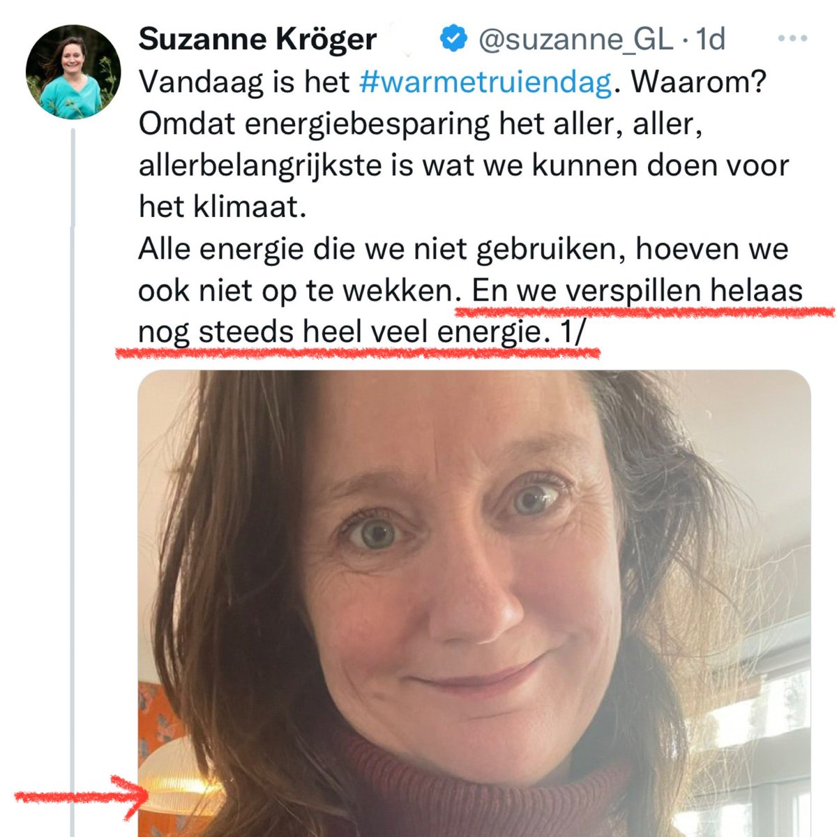 KnijffRobert's tweet photo. Suzanne Kröger - GroenLinks… Vraagt aandacht voor Warme Truien Dag…
Want; We verspillen teveel energie…
Suzanne Kröger - GroenLinks… Laat een lamp branden op klaarlichte dag…
Want; We verspillen teveel energie…
Cc: @Suzanne_GL | @GroenLinks
#WarmeTruienDag #Man3x https://t.co/vLH4YxJnyq
