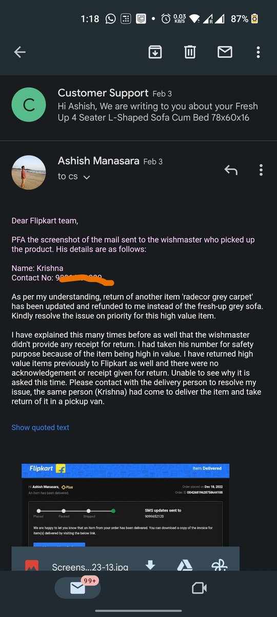AshishManasara's tweet photo. For last 1 month &amp; 12 days, @Flipkart has not resolved the issue caused by their wishmaster from Ekart. Today @flipkartsupport told me that seller can't help me with it. I'm ur plus customer @Flipkart, you must resolve my wrong refund case of Rs 13k. @jagograhakjago #harassment https://t.co/4DgBq8XVPy