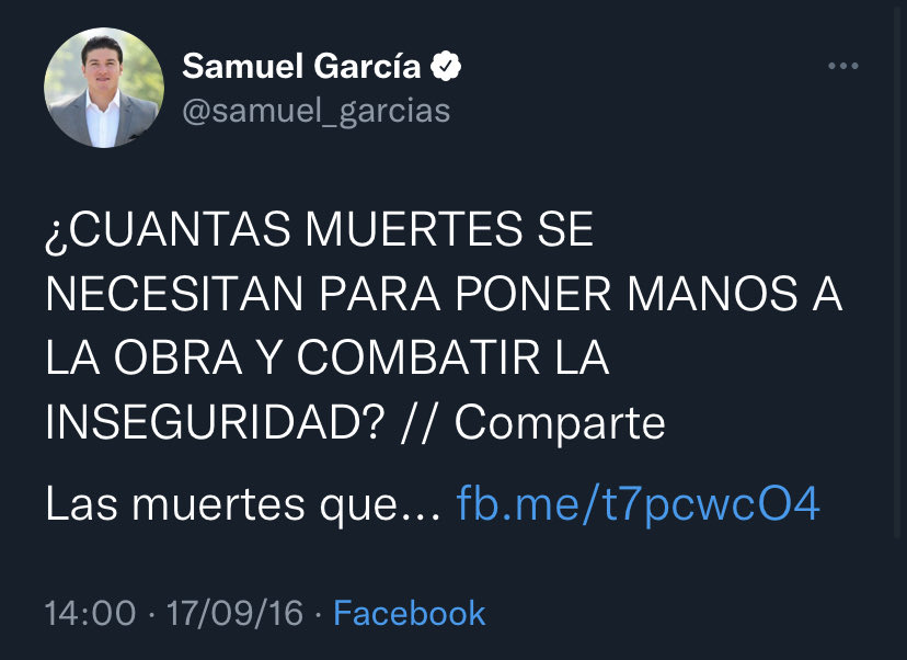 WeraRegia9's tweet photo. No lo sé, dime tú  @samuel_garcias te estás tragando todas tus palabras, ya llevas miles de muertes en tu "nuevo" Nuevo León. 
No mms!!! Nos está llevando la chingada y tú como si nada. https://t.co/ps6TWhOxfD