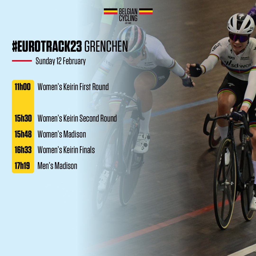 More medal chances on the final day here in Grenchen 🏁

🚴 Women's Keirin: Nicky Degrendele, Valerie Jenaer
🚴 Women's Madison: Lotte Kopecky and Shari Bossuyt
🚴 Men's Madison: Robbe Ghys and Fabio Van den Bossche

Let's get it 👊🇧🇪

#EuroTrack23 #BelgianCycling