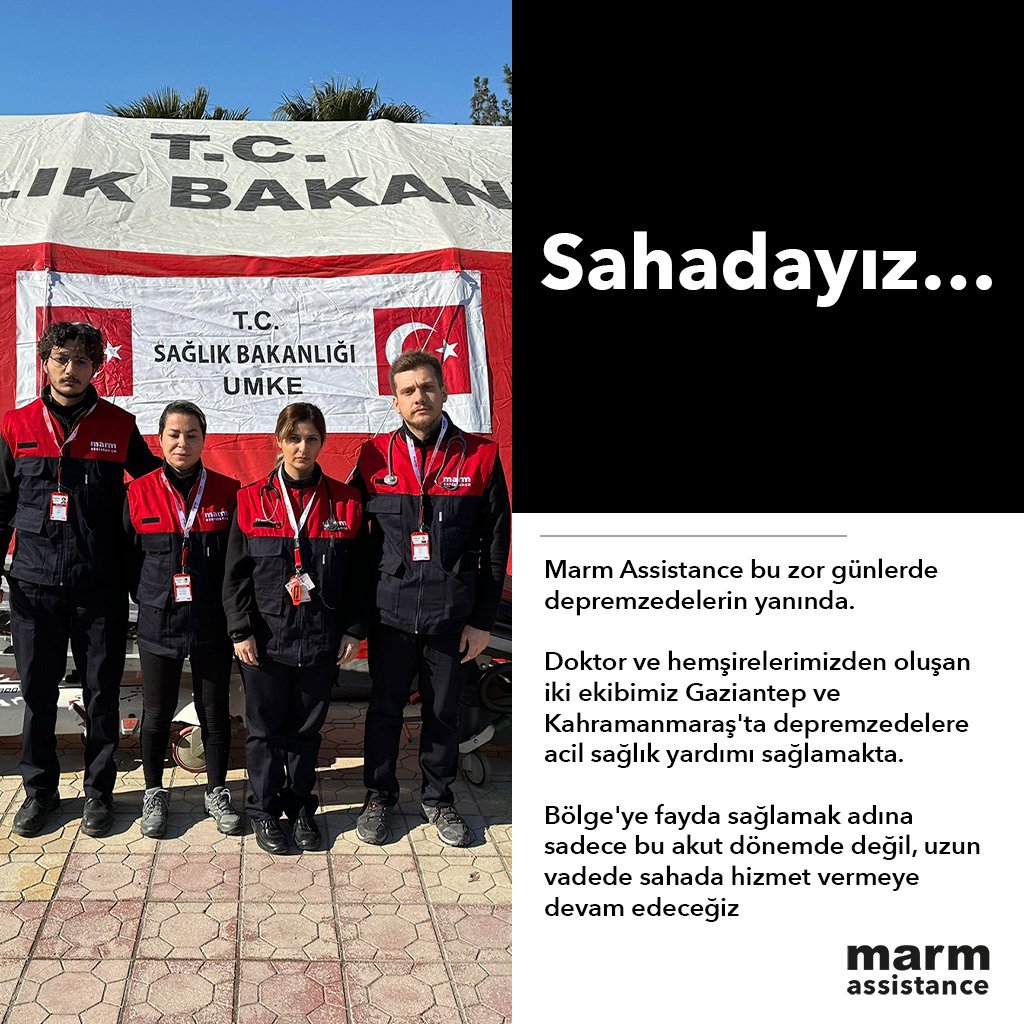 Marm Assistance bu zor günlerde depremzedelerin yanında.

Doktor ve hemşirelerimizden oluşan iki ekibimiz Gaziantep ve Kahramanmaraş'ta depremzedelere acil sağlık yardımı sağlamakta.

Bölge'ye fayda sağlamak adına uzun vadede sahada hizmet vermeye devam edeceğiz

#Deprem