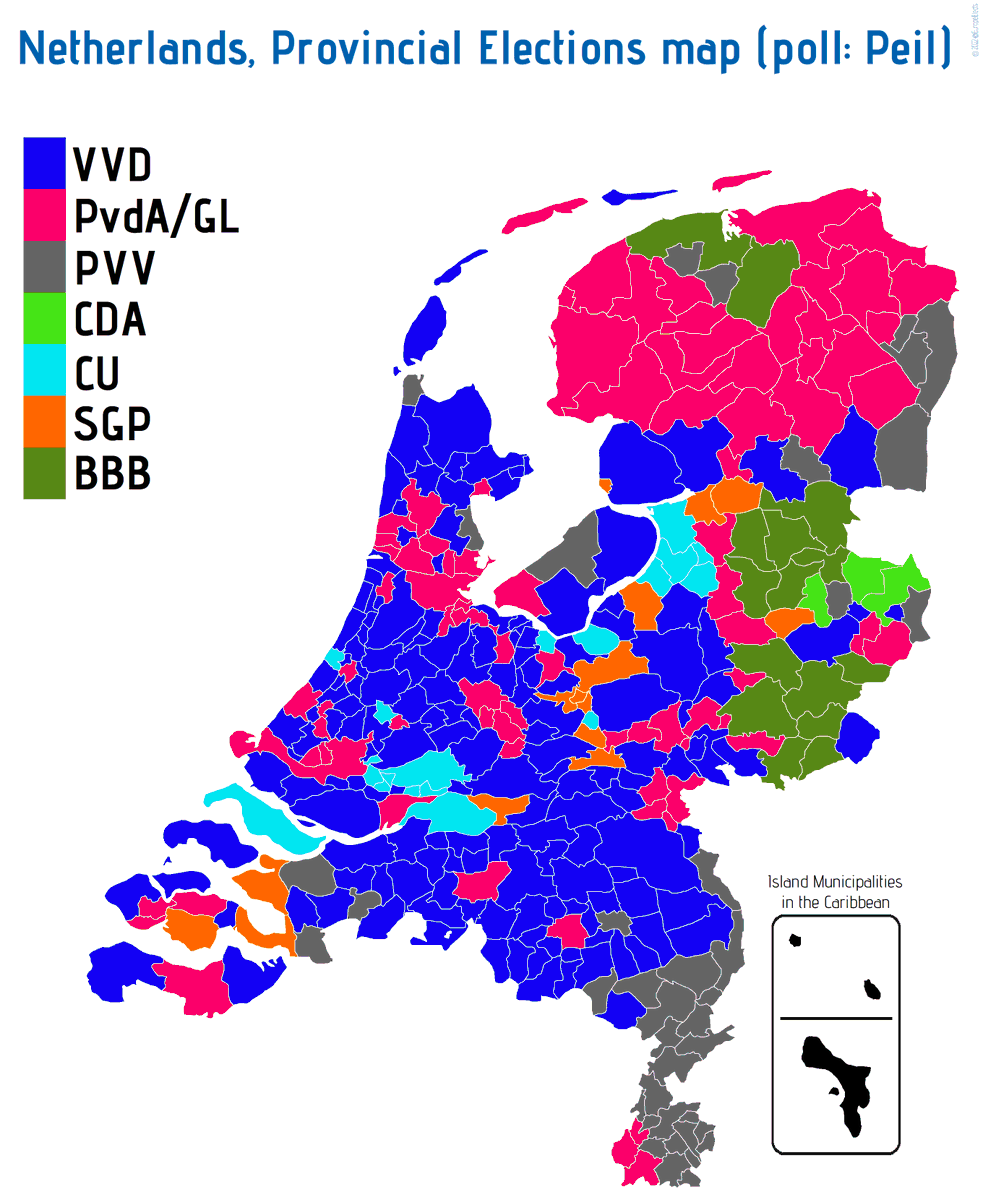 Nassreddin2002's tweet photo. @EuropeElects VVD and PvdA/GL are trying to turn the provincial/Senate elections in March into a two horse race. It seems to be working a bit: VVD goes from 20 to 22, PvdA/GL* together largest from 22 to 24.

*PvdA/GL are merging in the Senate.

Peil also came with a map based on today's poll: https://t.co/vUz6A6DPuO