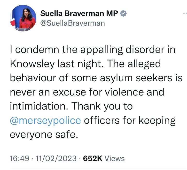 Language matters, Braverman knows this, but continues to incite hatred and division. She should be calling the rioters out, but somehow still manages to try and shift blame to asylum seekers #BravermanRiots #ToryFascists #RefugeesWelcome #RightWingBritain