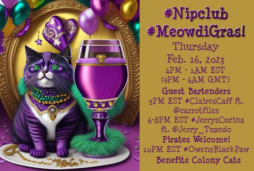 #JerrysCucina will be providing noms 😋 & drinks at #Nipclub event of da year ... drum roll puurlease ... #MeowdiGras 
(see times below) 
Everyone welcome 🙏 for fun 🤩 times 
#CatsOfTwitter #DogsofTwitter #Anipals #Stuffies 
#AussieCatsofTwitter #Furrytails #Hedgewatch #ECC