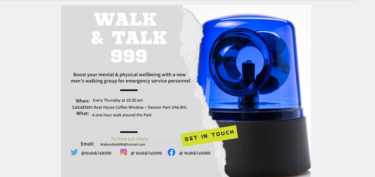 Walk and Talk 999 at Danson Park, every Thursday at 10.30am. Meet at the Boathouse Coffee window. 
<a href="/WalkandTalk999/">Walk&Talk999</a> 
#mensmentalhealthawareness 
For men in Police, Fire, Ambulance, NHS, Armed Services , serving or retired. Please feel free to RT.