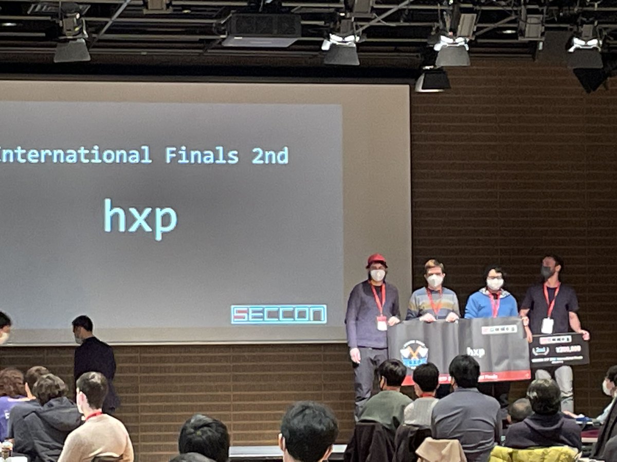 Ca23d's tweet image. SECCON CTF 2022 International Finals

3rd: AAA
2nd: hxp
優勝: DiceGang

congratulations!!!

 #seccon 
 #電脳会議