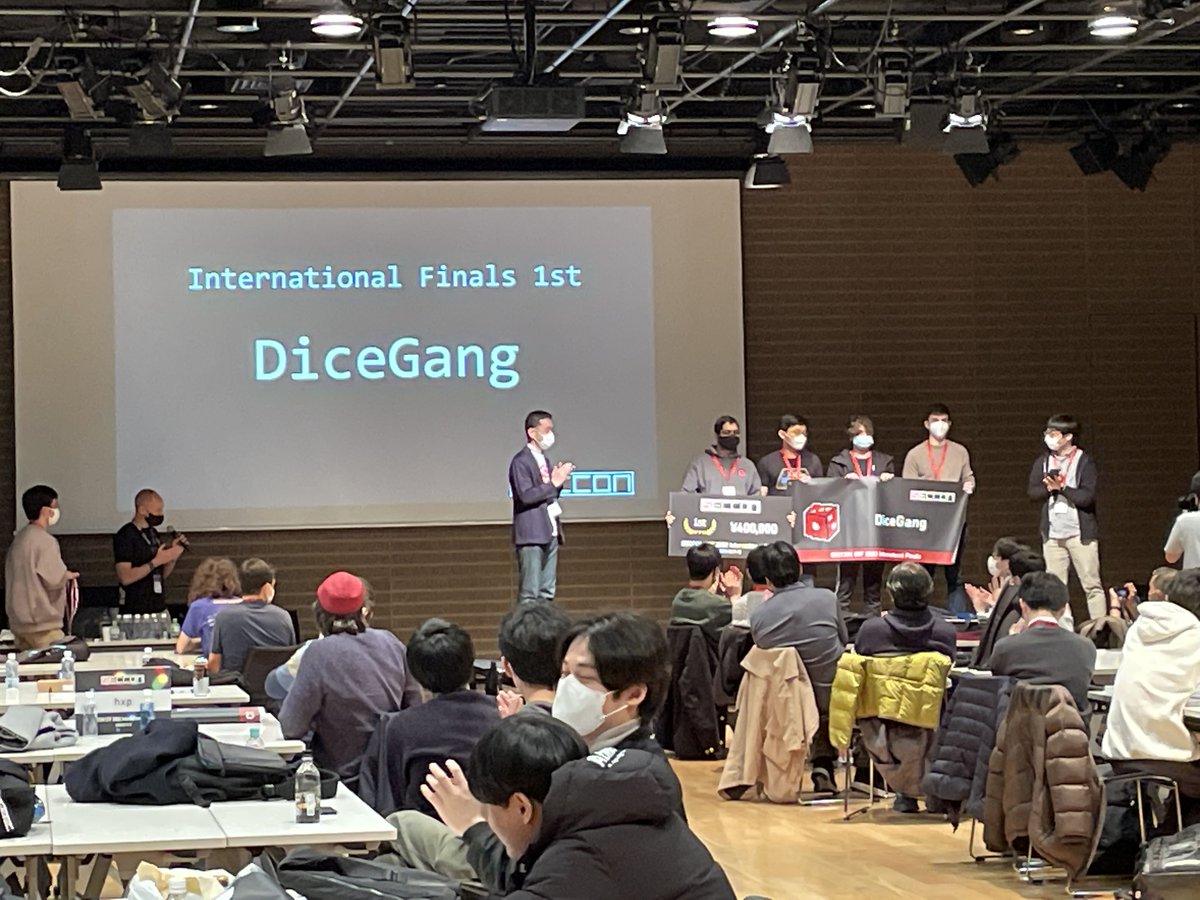 Ca23d's tweet image. SECCON CTF 2022 International Finals

3rd: AAA
2nd: hxp
優勝: DiceGang

congratulations!!!

 #seccon 
 #電脳会議