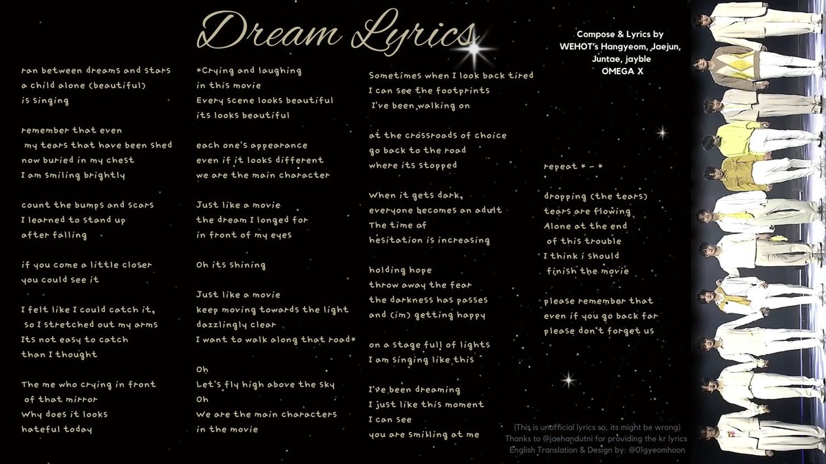 01gyeomhoon's tweet photo. #Dream lyrics english translation
#OMEGA_X #์ค๋ฉ๊ฐ์์ค
#Welcome_Back_OMEGAX https://t.co/949YGuRodi