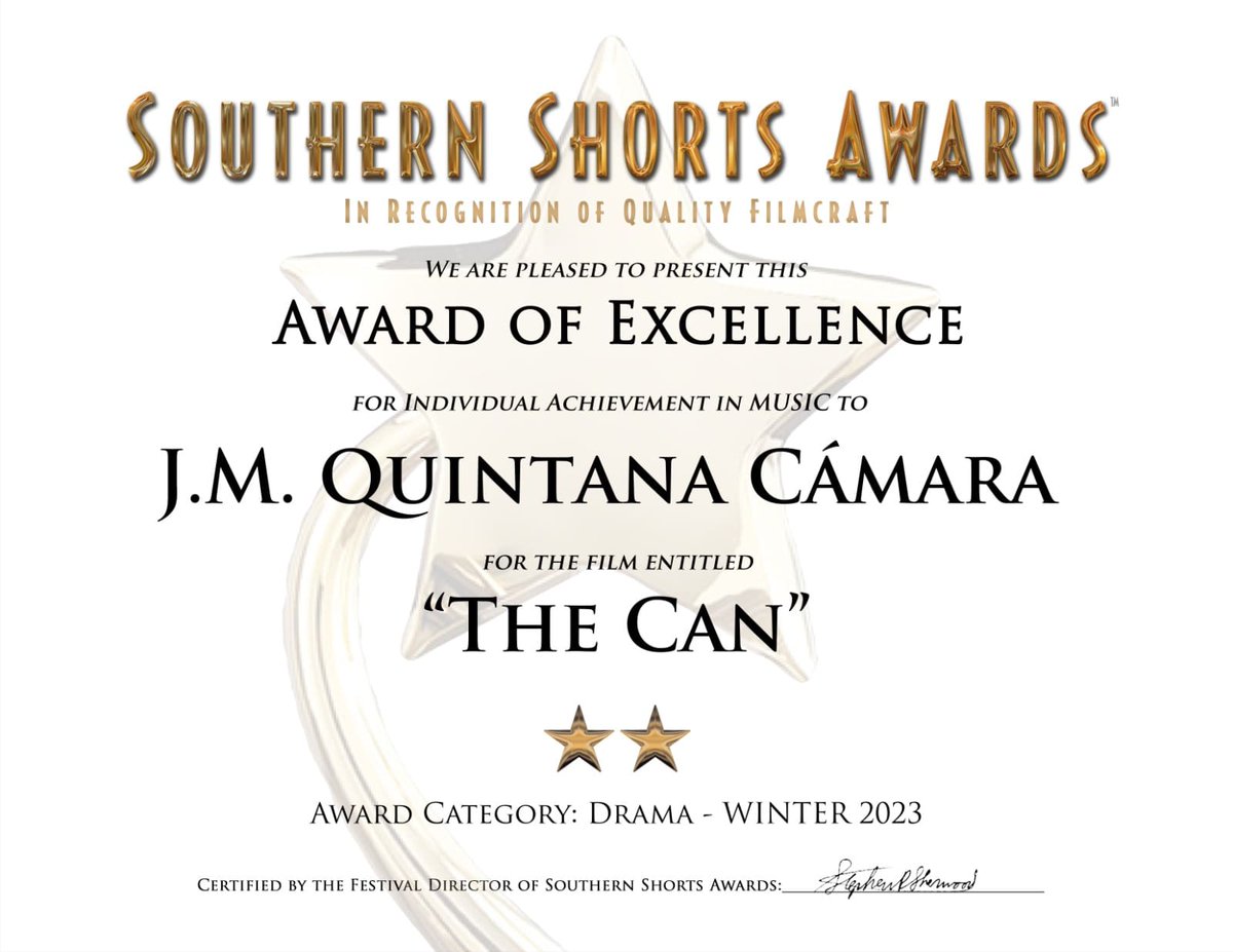 Very happy to receive Southern Shorts Award for the music I composed for THE CAN, a film directed by Shadow LaValley and Danielle Purdy. 

#score #soundtrack #ost #bandasonora #bso #composition #composer #filmmusic #filmcomposer #filmmaking #music #compositor #musicadecine