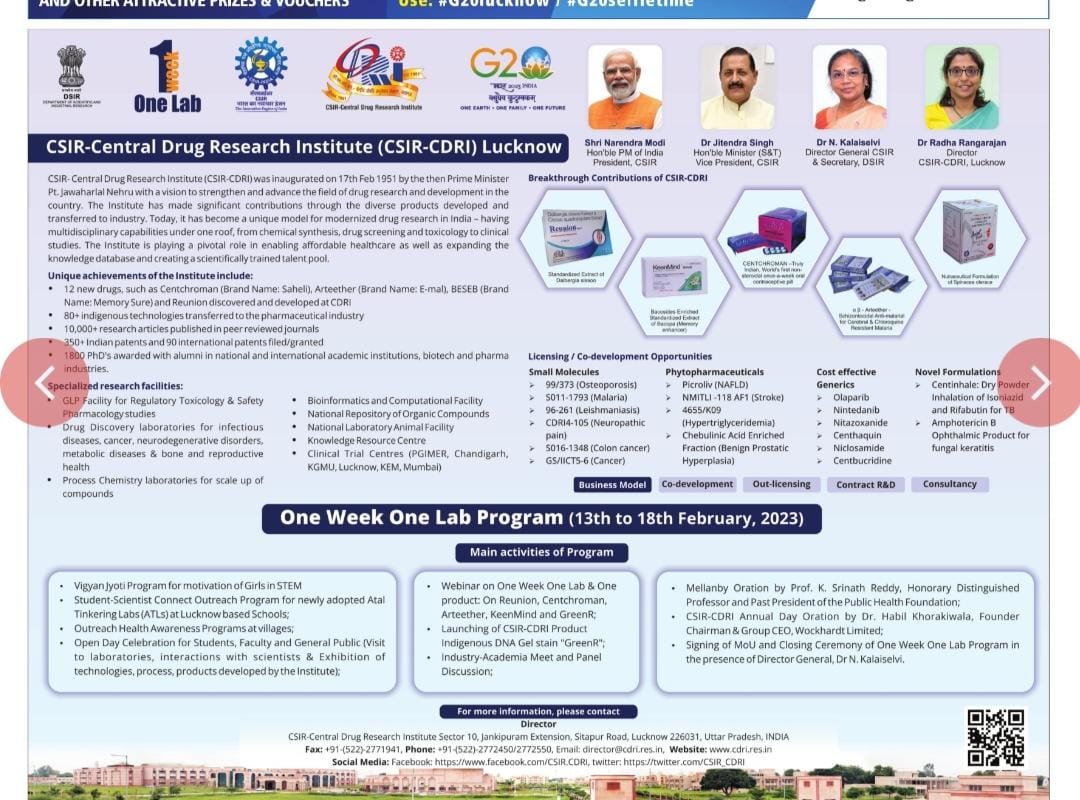 CSIR_CDRI's tweet photo. #CSIR_OneWeekOneLab program is being organized at @CSIR_CDRI from tomorrow
@CSIR_IND @DrJitendraSingh @DrNKalaiselvi @IndiaDST @DBTIndia @PMOIndia @PrinSciAdvGoI 
@PIB_India @VigyanPrasar @TOIIndiaNews https://t.co/QGdFBdK509